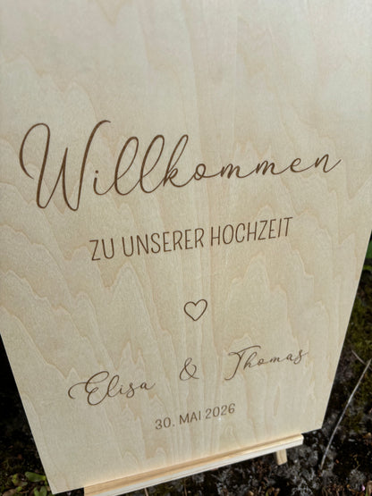 personalisiertes Willkommens Schild aus Holz zur Hochzeit